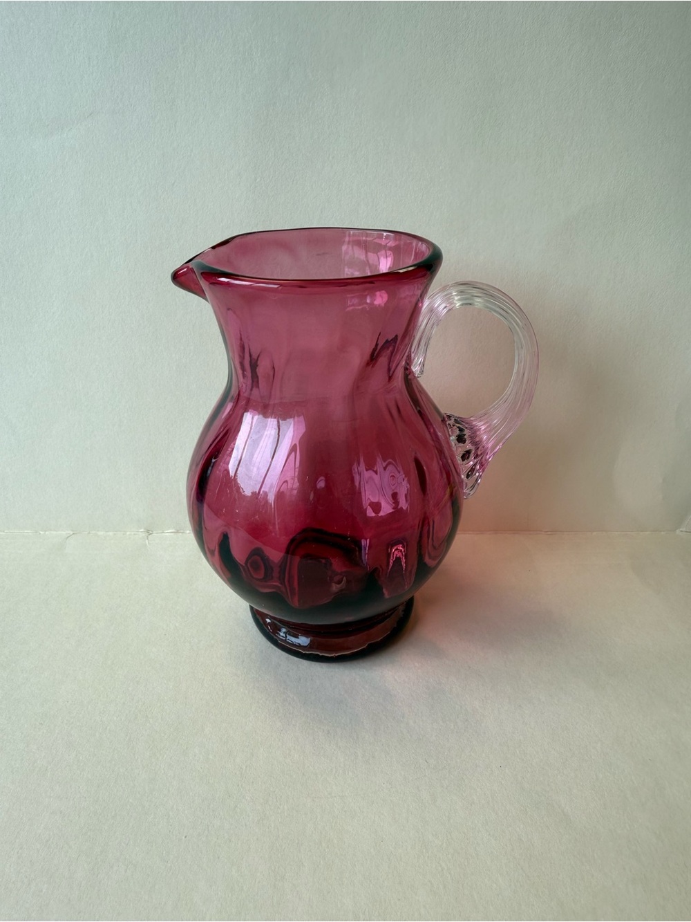 Vintage Handblown Cranberry Glass Small Pitcher with Applied Clear Handle.